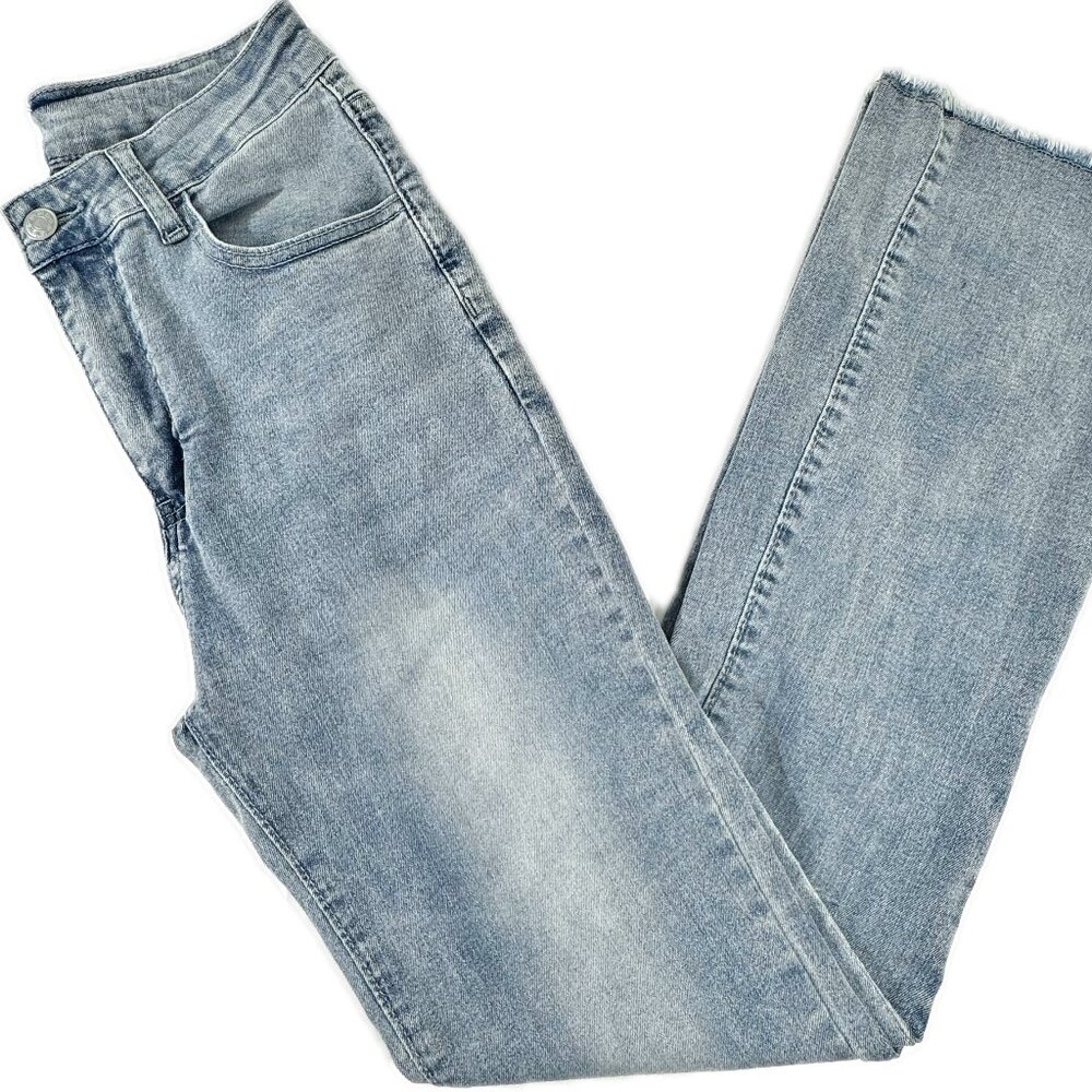 SHEIN Women’s High Waisted Flare Jeans Size Small 26 Light Wash Raw Hem Denim